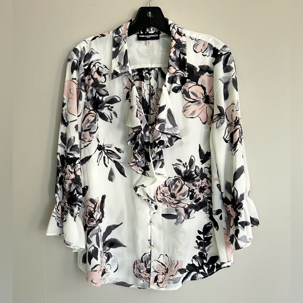 KARL LAGERFELD Edwardian Floral Romantic Poet Ruffle 3/4 Sleeve Blouse Top Sz M - Picture 3 of 15